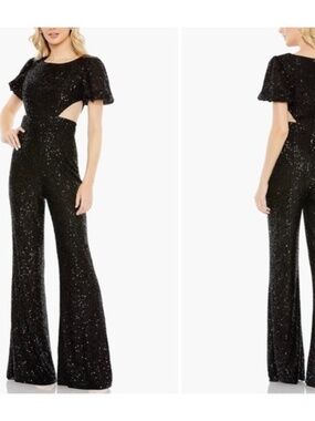 NWT Mac Duggal 11273vBlack Sequin Cutout Wide Leg Jumpsuit Size 2